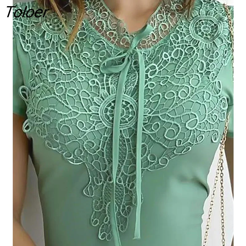 deanwangkt Women Puff Sleeve Top Mint Green Lace Patch Blouse Casual Elegant Short Sleeve T-Shirt All-Match Lady Office Wear Y2K Clothes - Deanwangkt