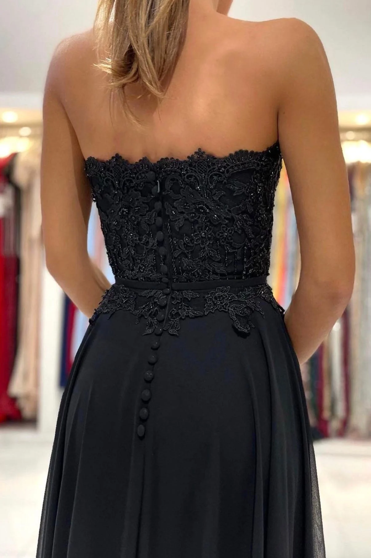 solvbao Black Chiffon Lace Long Prom Dresses, A-Line Strapless Evening Dresses - Deanwangkt