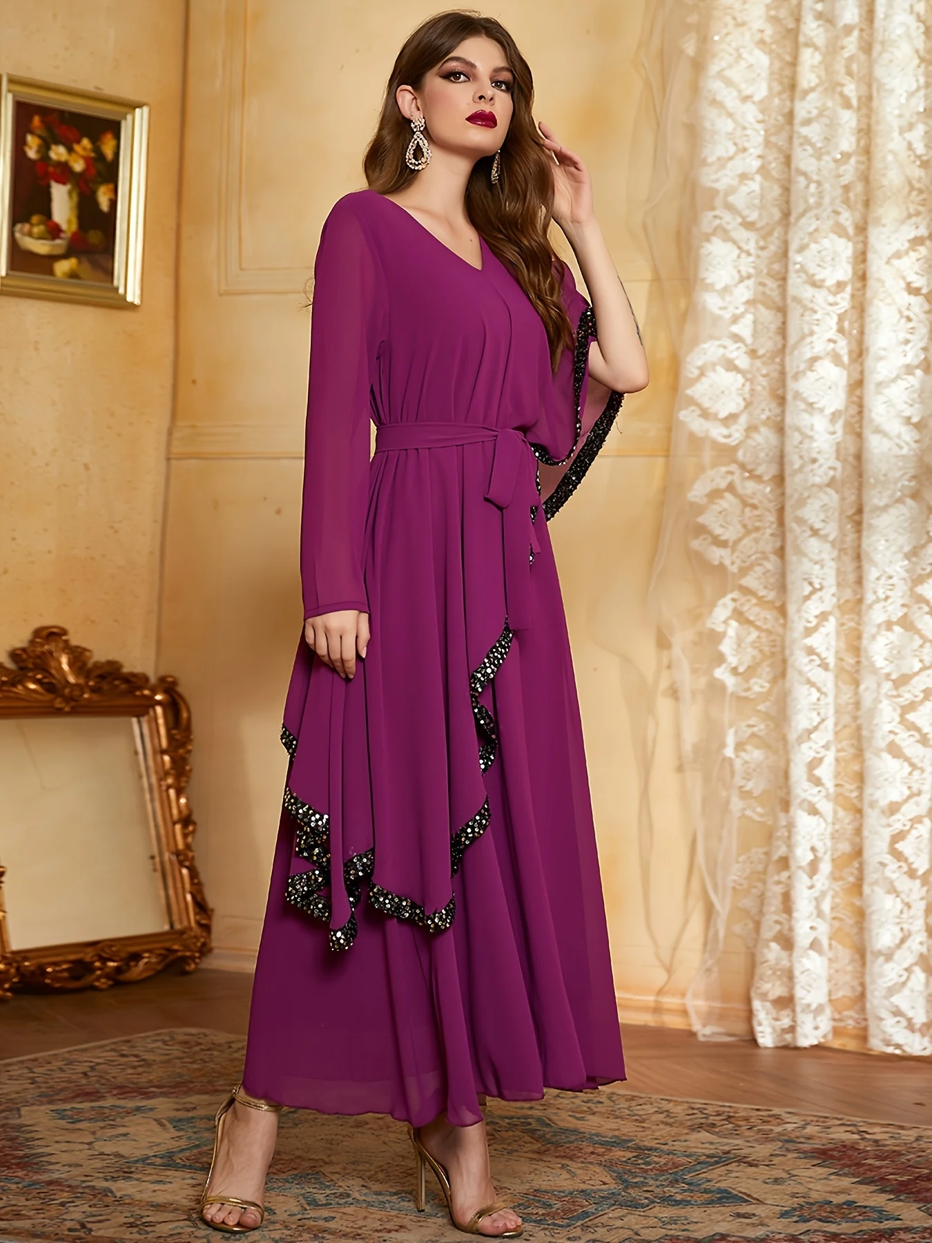 Contrast Trim Asymmetric Sleeve Dress, Elegant V Neck Tiered Dress For Party & Banquet, Women's Clothing - Deanwangkt