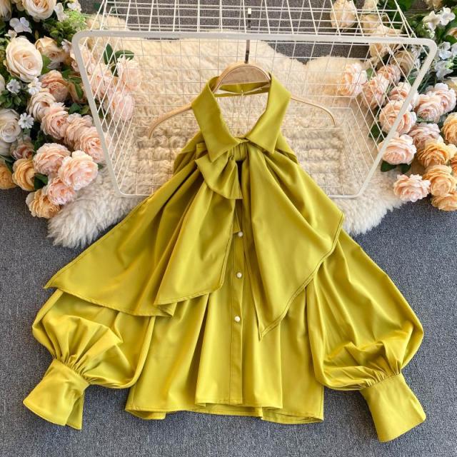 Spring Autumn New Blouse Women Halter Scheming Halter Shirt Bowknot Lapel Puff Sleeve Female Top C031 - Deanwangkt