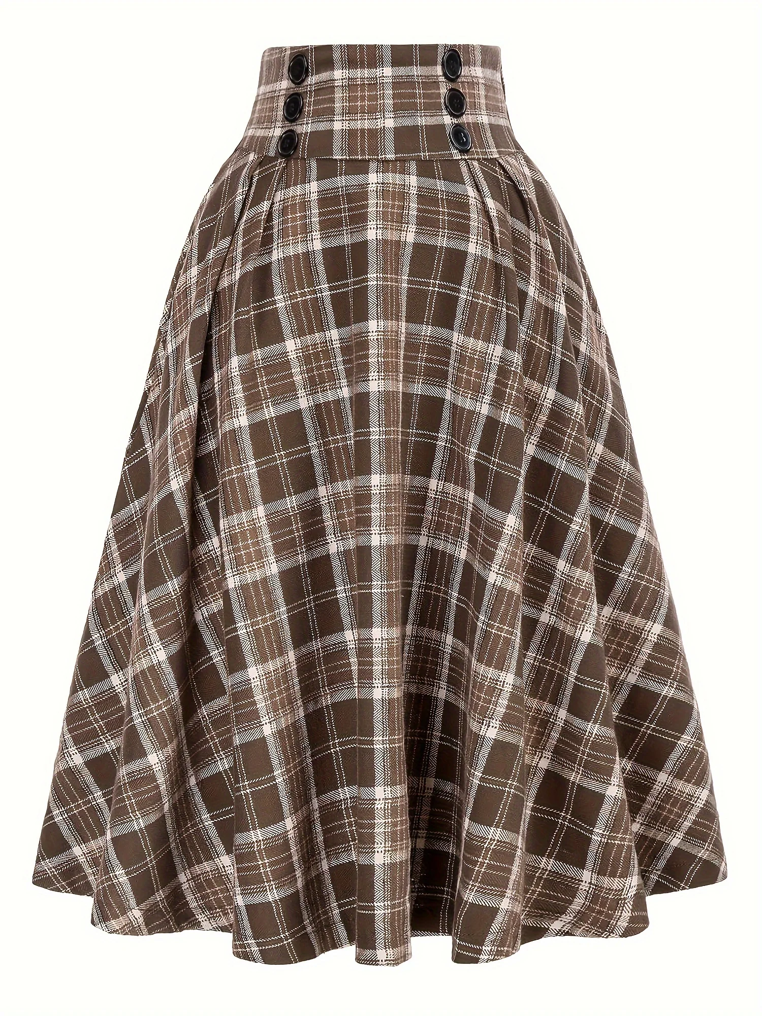 deanwangkt-1 Plaid Print High Waist Button Skirt, Elegant A Line Flare Midi Skirt, Women's Clothing - Deanwangkt