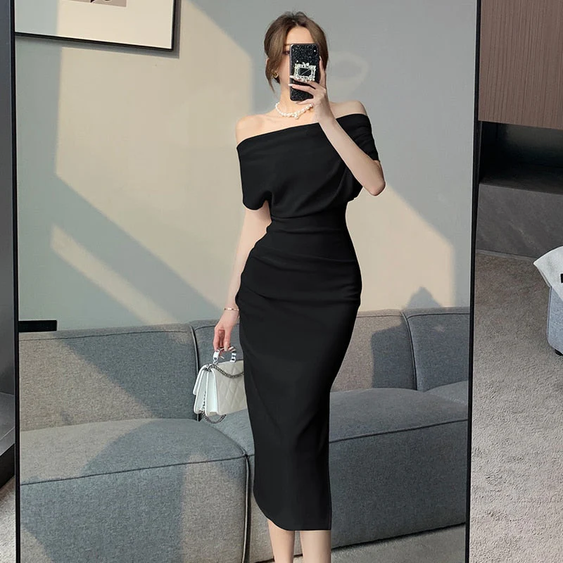 deanwangkt French Temperament Celebrity Wind Sexy Strapless Oblique Collar Dress Female Spring and Summer Slim Open Package Hip Long Dress - Deanwangkt