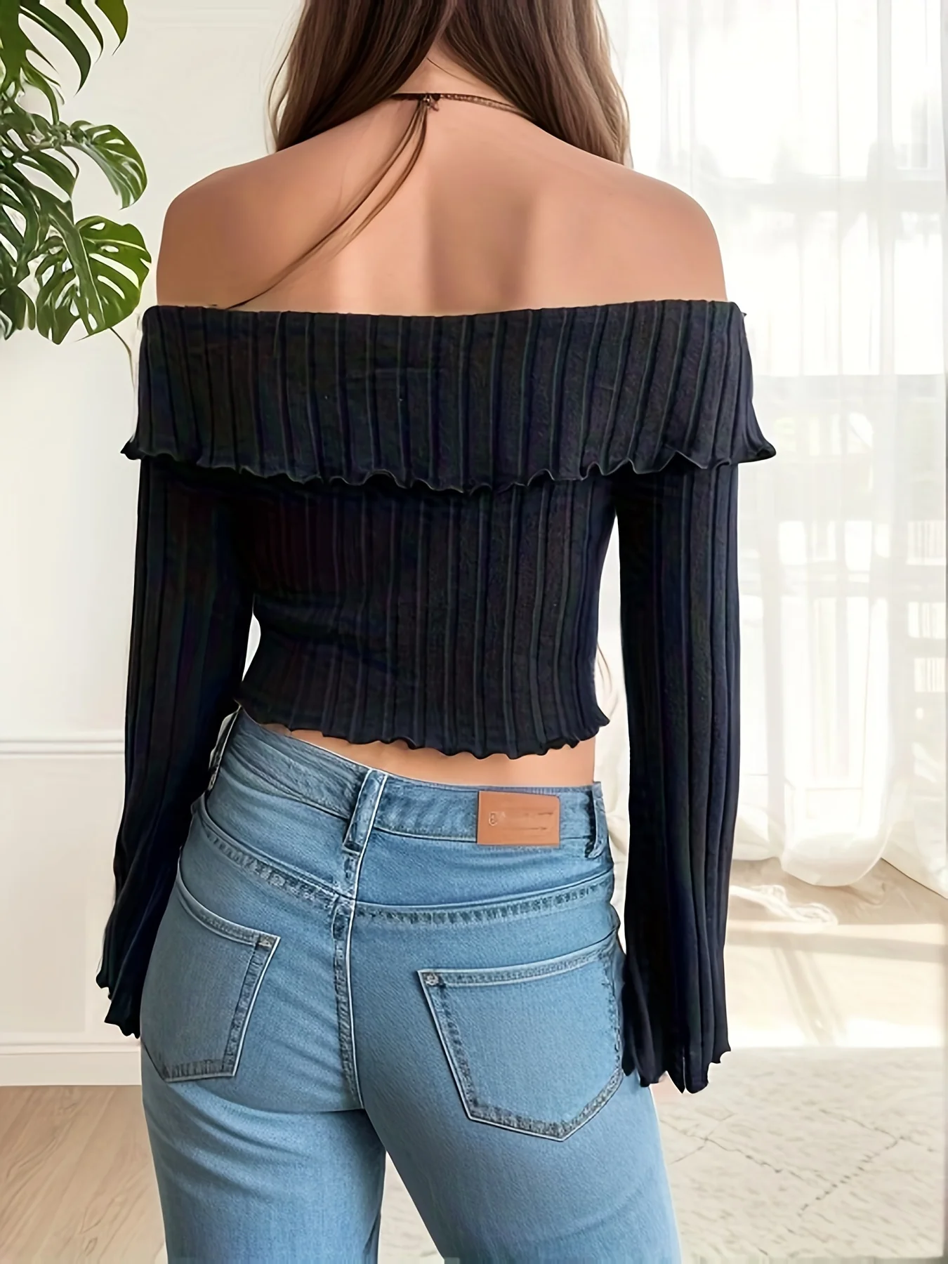 deanwangkt Ribbed Off Shoulder Crop T-Shirt, Casual Long Flare Sleeve Top For Spring & Fall, Women's Clothing - Deanwangkt