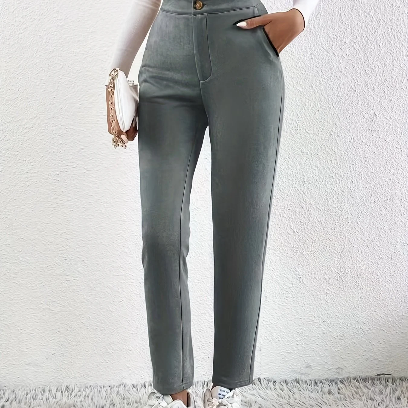 deanwangkt-1  Solid High Waist Pants, Casual Versatile Long Length Work Office Pants, Women's Clothing - Deanwangkt