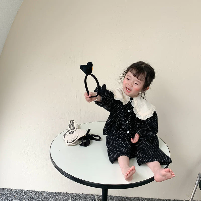 deanwangkt  Spring cute baby girl polka dot black outfits Girls fashion big turn-down collar shirt and wide leg pants 2pcs sets Kids clothes - Deanwangkt