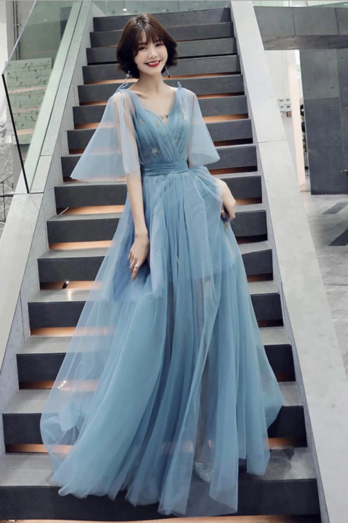 solvbao Blue V-Neck Tulle Long Prom Dreses, A-Line Evening Dresses - Deanwangkt