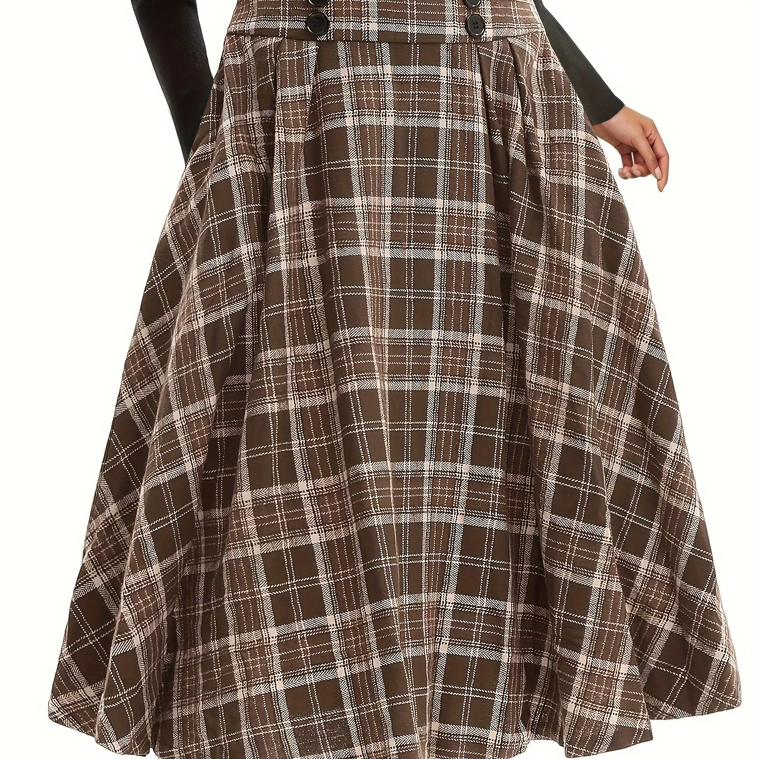 deanwangkt-1 Plaid Print High Waist Button Skirt, Elegant A Line Flare Midi Skirt, Women's Clothing - Deanwangkt