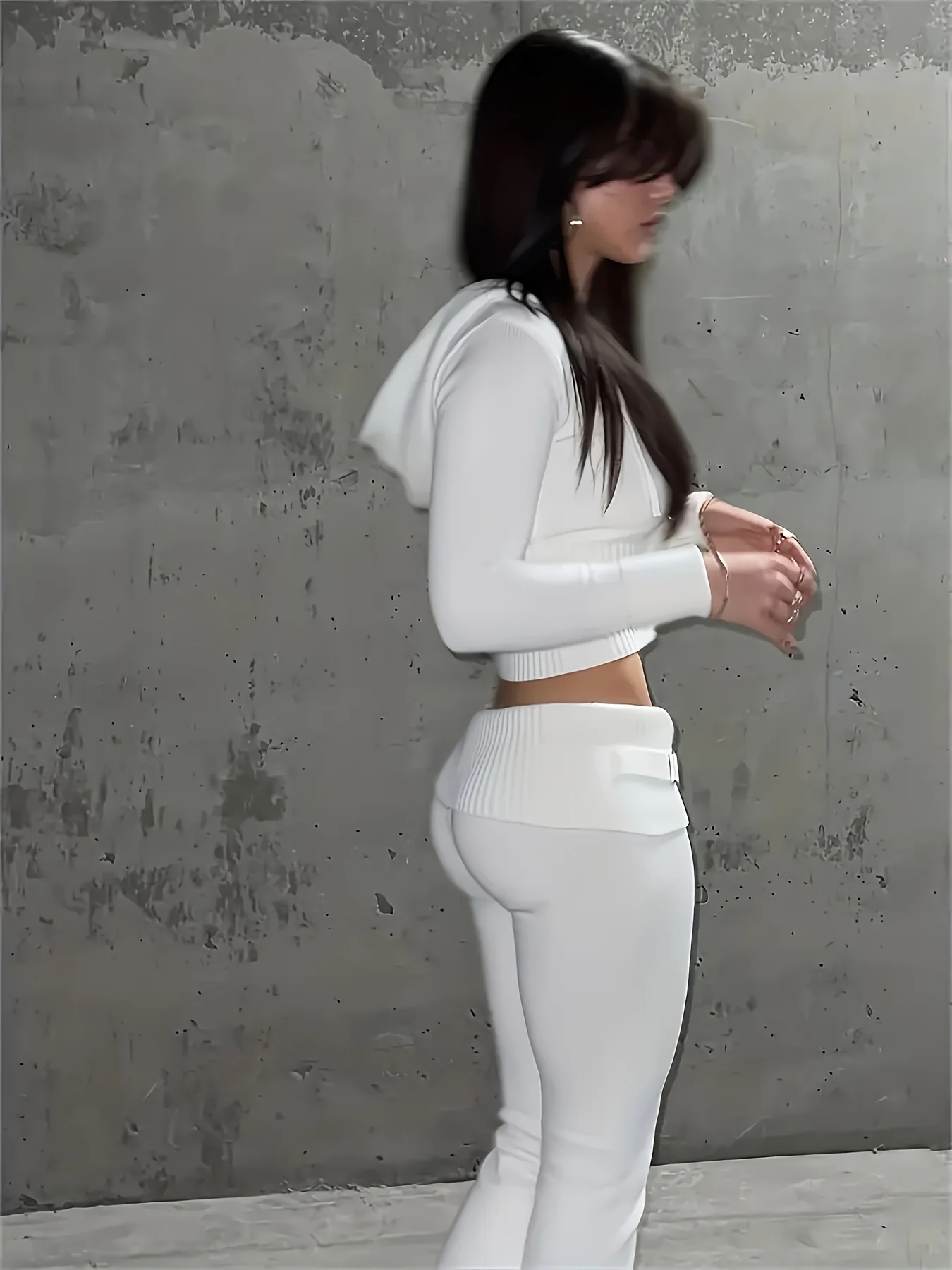 deanwangkt  Solid Knitted Casual Two-piece Set, Zip Up Hooded Crop Top & Pants Outfits, Women's Clothing - Deanwangkt