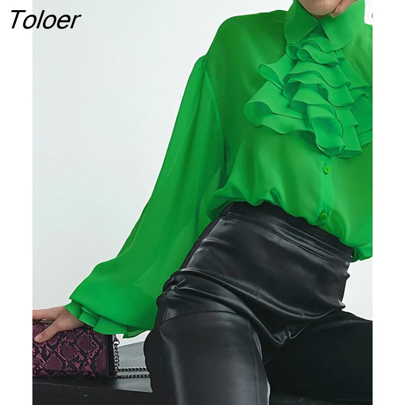 deanwangkt Green Chiffon Shirt Blouse Elegant Ruffle Lapel Lantern Sleeve Spring Women'S Blouse Casual Fashion Buttons Down Tops Lady - Deanwangkt