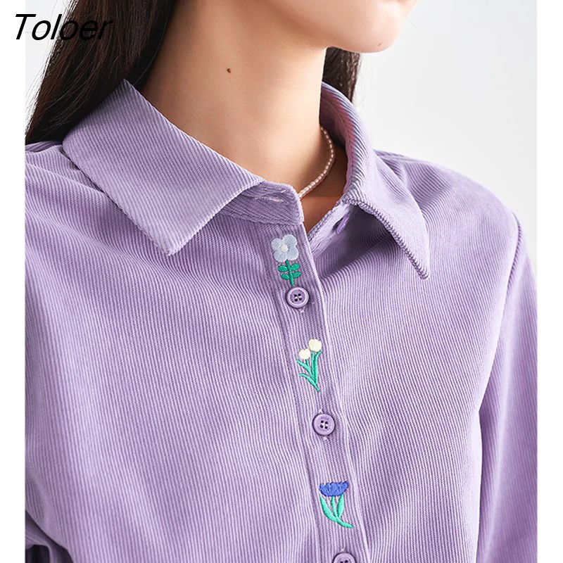 deanwangkt Women Corduroy Shirts  Spring Long Sleeve Polo Neck Blouse Floral Embroidery White Purple Casual Streetwear Tops - Deanwangkt