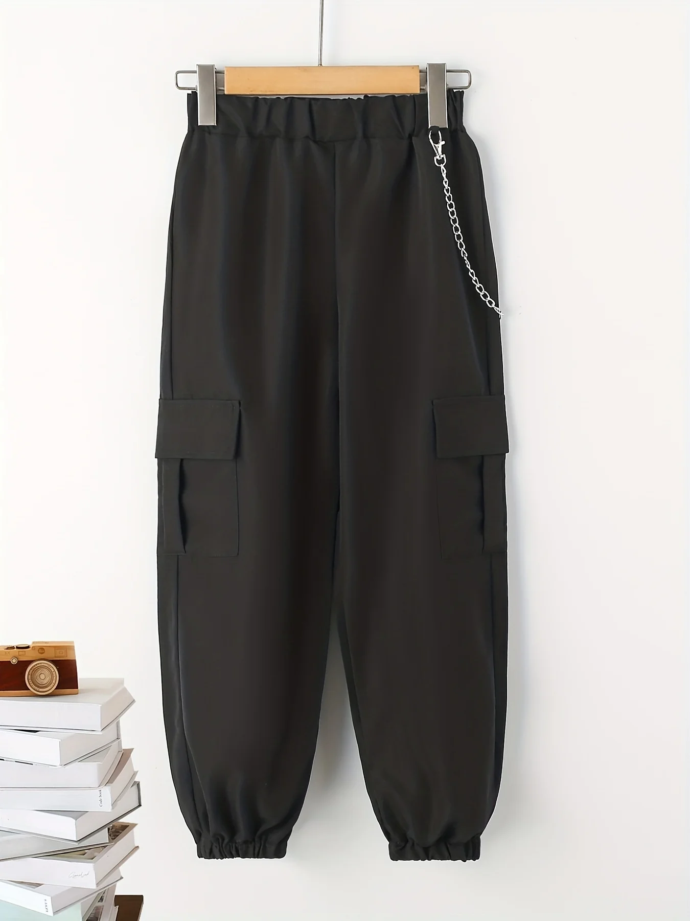 Boys Casual Cargo Pants With Chain Decor, Elastic Waist Jogger Pants With Pocket, Kids Clothing - Deanwangkt