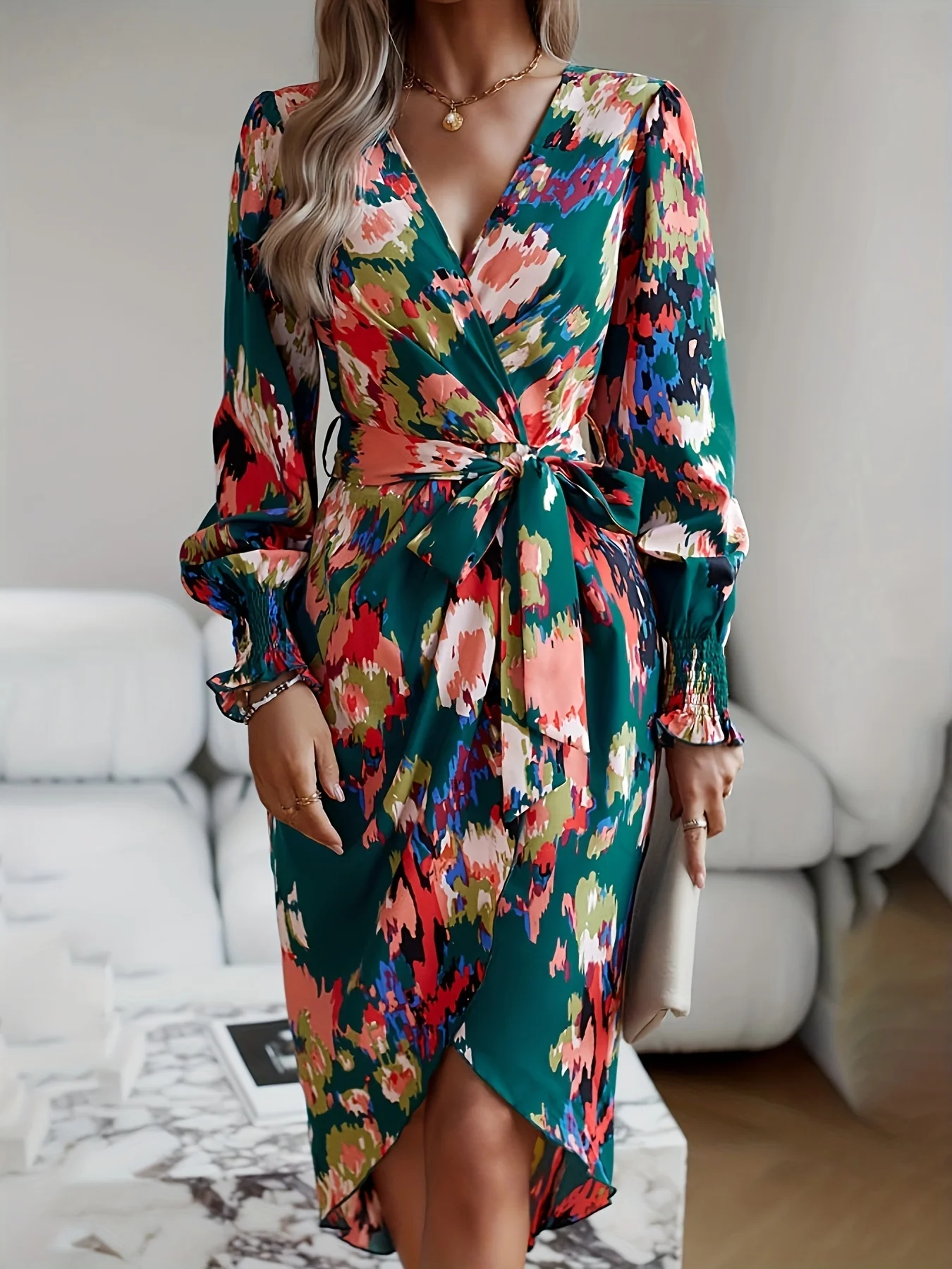 Allover Print Wrap Dress, Elegant V Neck Long Sleeve Dress, Women's Clothing - Deanwangkt