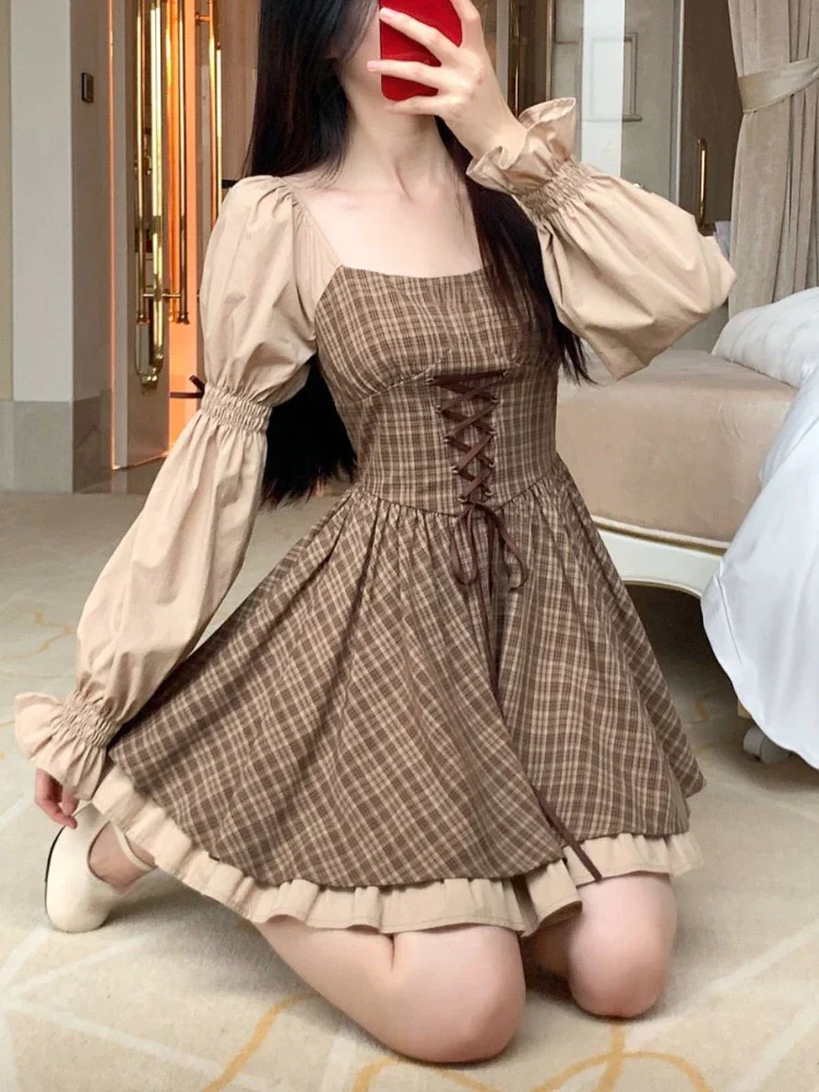 deanwangkt Summer Kawaii Party Lolita Dress Women Causal Long Sleeve Y2k Mini Dress Female Plaid Slim One Piece Dress Korean Chic - Deanwangkt