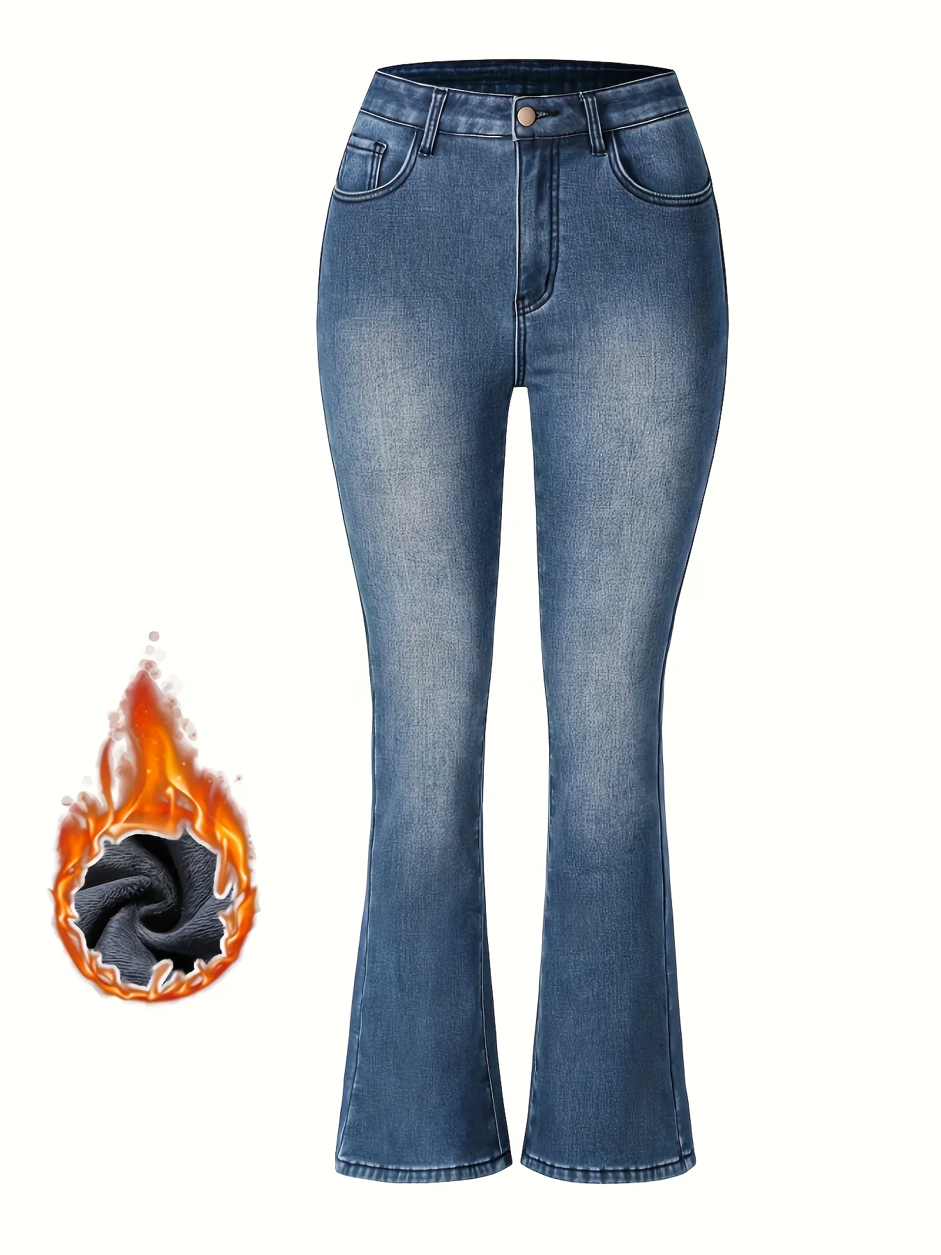 deanwangkt Fleece Liner Casual Flare Jeans, High Stretch Slant Pockets Casual Bell Bottom Jeans, Women's Denim Jeans & Clothing - Deanwangkt