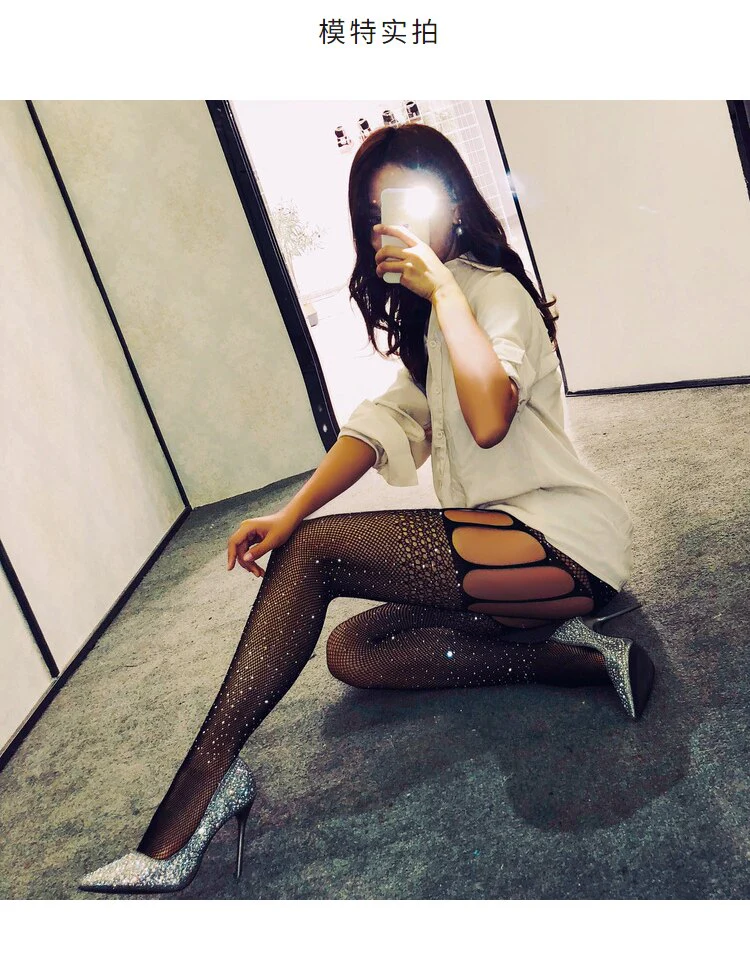 deanwangkt Fishnet Garter Socks Drill Black Stockings Women's Thin Sling Tights Black Diamond Lace JK Funny Socks Harajuku Fishnet Socks - Deanwangkt