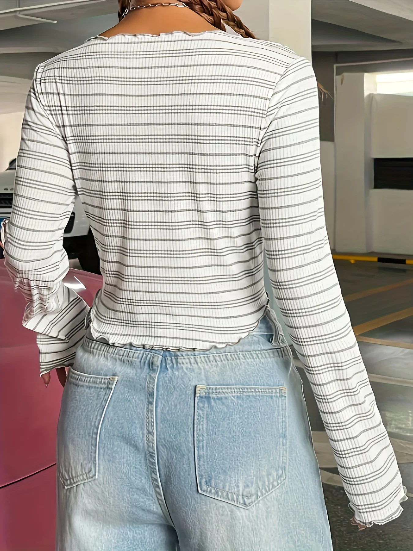 deanwangkt-1 Striped Notched Neck T-shirt, Elegant Long Sleeve Top, Women's Clothing - Deanwangkt