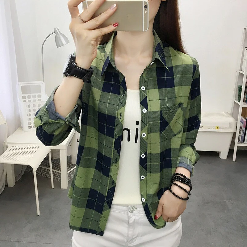 deanwangkt Spring Plaid Printed Wmen's Shirt Korean Fashion Inside Top Cardigan Oversized Long-sleeved Blouses Woman Shirts Button Up - Deanwangkt