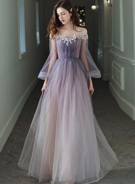 Solvbao Purple Gradient Tulle Long Sleeves Straps Prom Dress Party Dress, A-line Tulle Formal Dresses - Deanwangkt