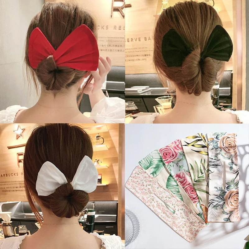 deanwangkt Trend Long Magic Twist Bow Tie Hairpin Styling Tool Floral Print Hairbands Korean Big Ponytail Holder Hair Accessories For Women - Deanwangkt