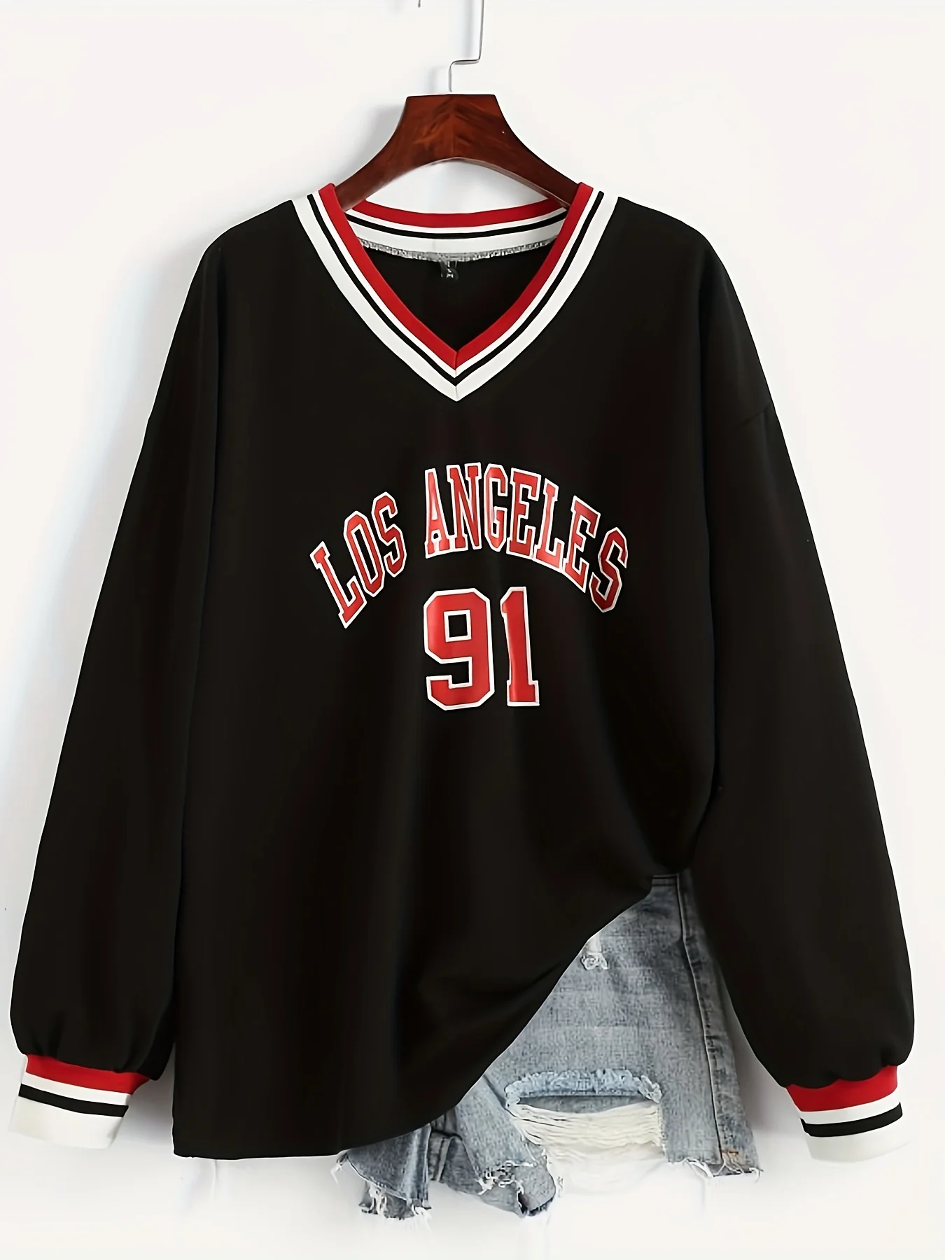 deanwangkt-1  Los Angeles Print V Neck T-Shirt, Casual Long Sleeve Top For Spring & Fall, Women's Clothing - Deanwangkt