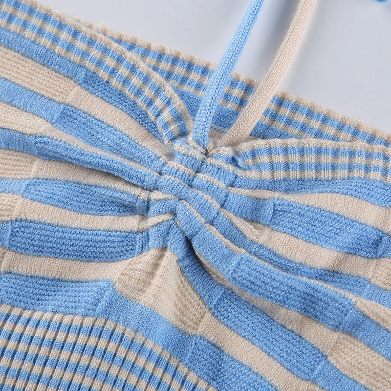 deanwangkt Forefair Halter Neck Knit Sexy Crop Top Women Bandage Backless Summer Off Shoulder Sleeveless Blue Top Tanks Casual - Deanwangkt