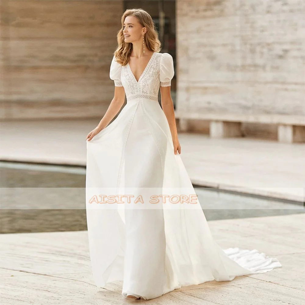 Vintage Wedding Dresses Bohemian Straight V-Neck Short Sleeves Chiffon Lace A-Line Court train Bridal Gowns - Deanwangkt