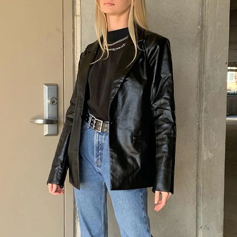 deanwangkt One Button Women's Leather Jacket Autumn Coat  Streetwear Black Women's Jacket Y2k Aesthetic Gothic PU Retro 90s Clothing - Deanwangkt
