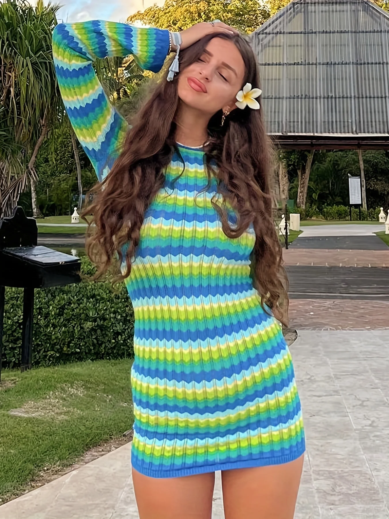 Chevron Backless Bodycon Dress, Y2K Sexy Crew Neck Long Sleeve Dress, Women's Clothing - Deanwangkt