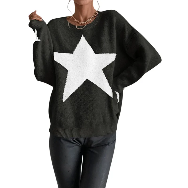 deanwangkt women loose knitted sweater Star Pattern Pullovers Ladies Round Collar Long Sleeve Knitwear Jumpers Y2k Clothes Streetwear - Deanwangkt