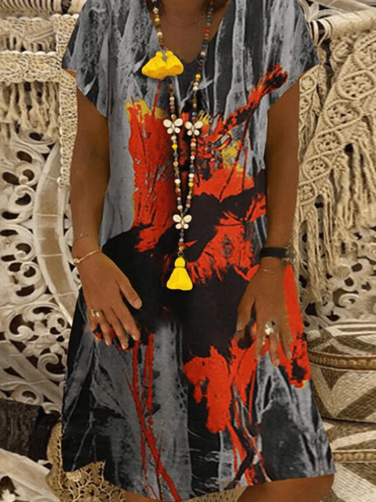 deanwangkt Women Leopard Floral Print V-Neck Casual Short Sleeve Dress - Deanwangkt