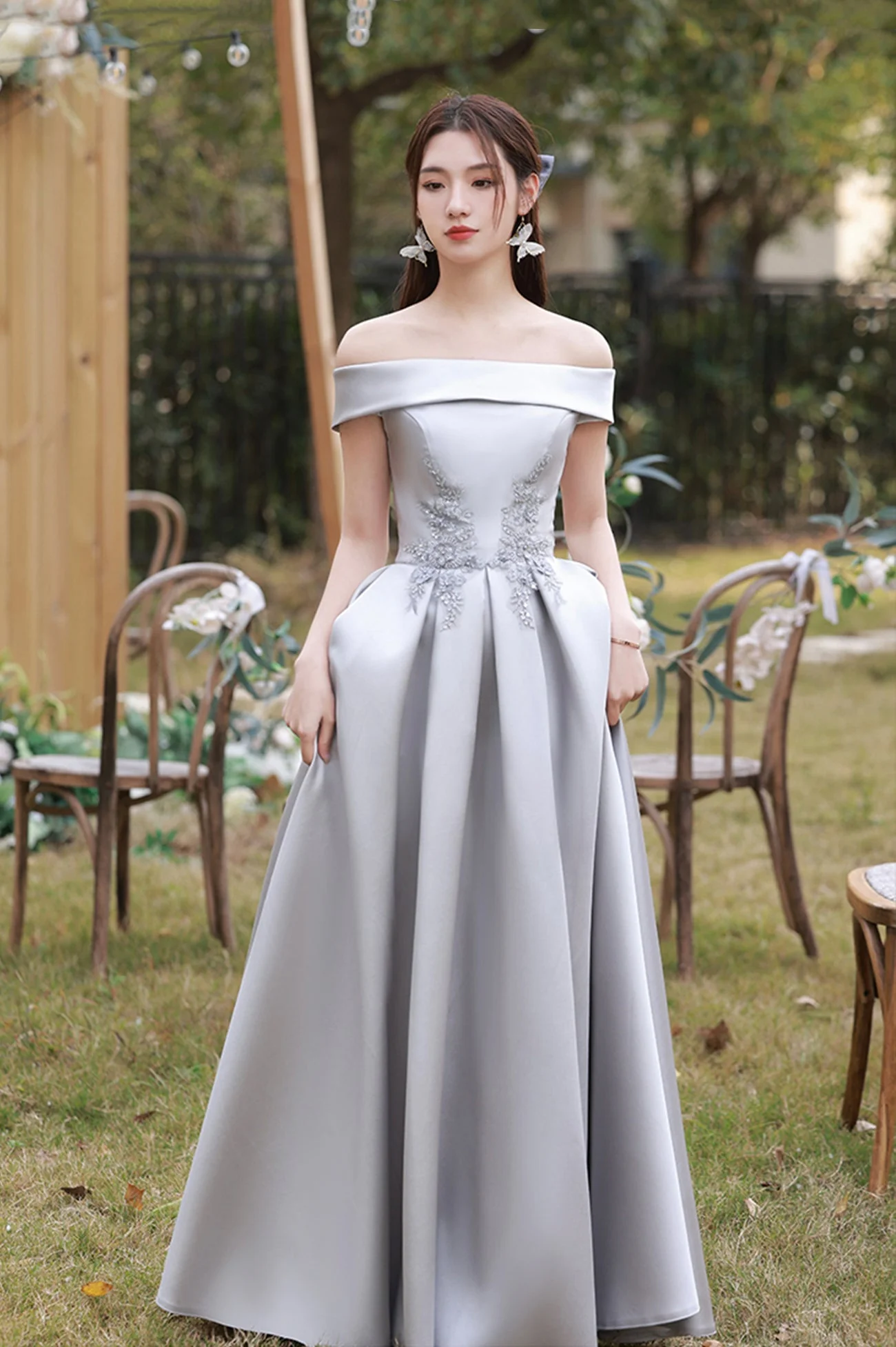 solvbao Gray Saitn Lace Long Prom Dress, A-Line Evening Dress - Deanwangkt