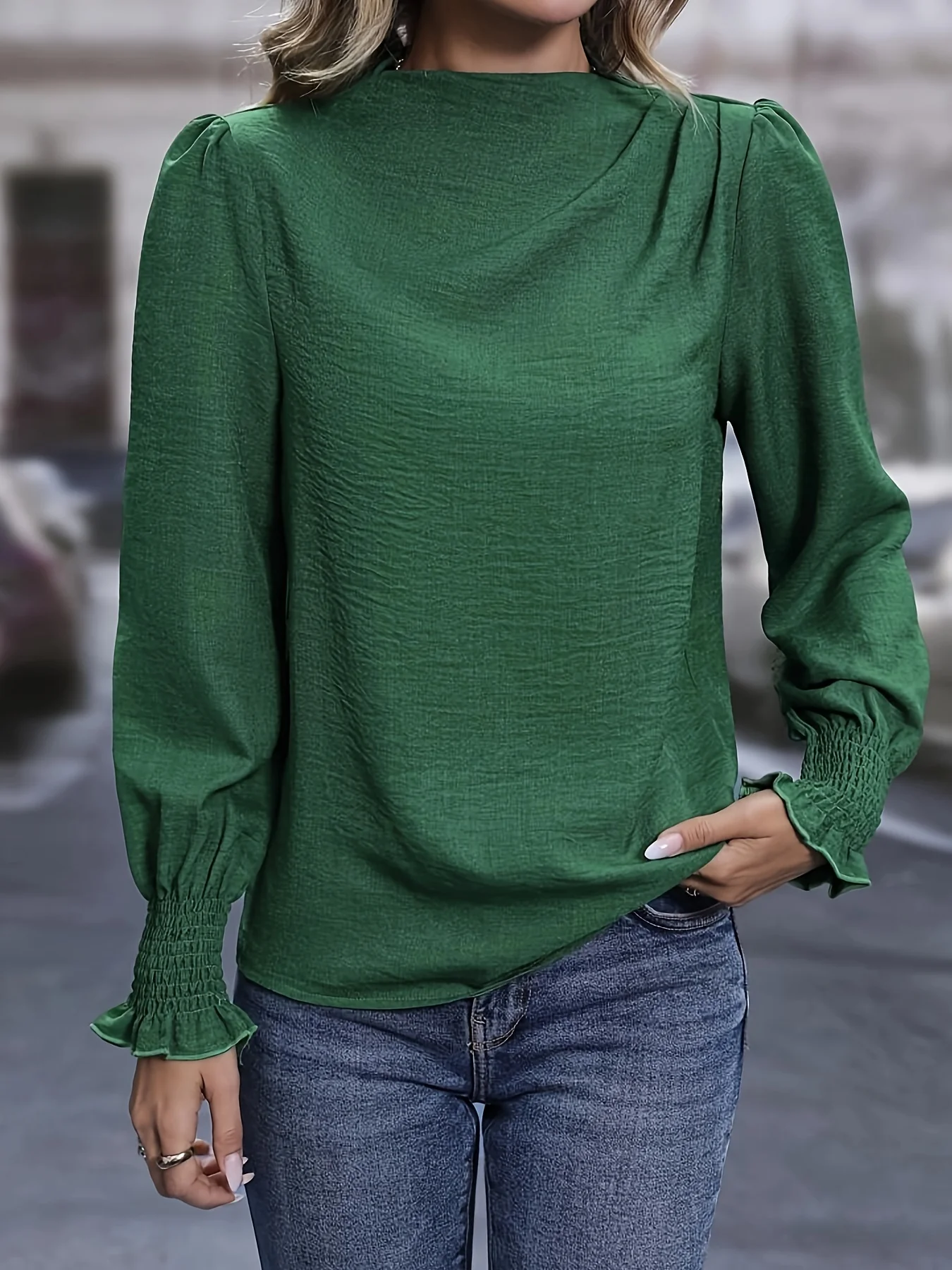Mock Neck Pleated Simple Blouse, Versatile Long Sleeve Blouse For Spring & Fall, Women's Clothing - Deanwangkt