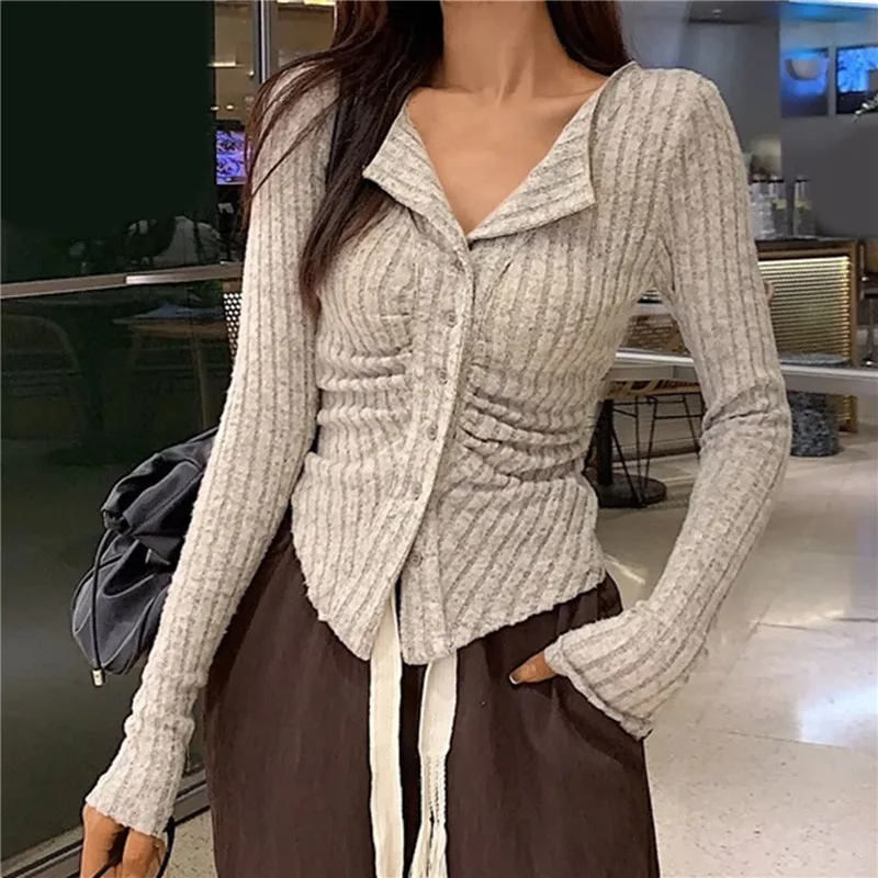 deanwangkt Y2k Knitted Cardigan Women  Collar Sweater Coat Vintage Long Sleeve Single Breasted Top Autumn Fashion Girls Knitwear Jumper - Deanwangkt