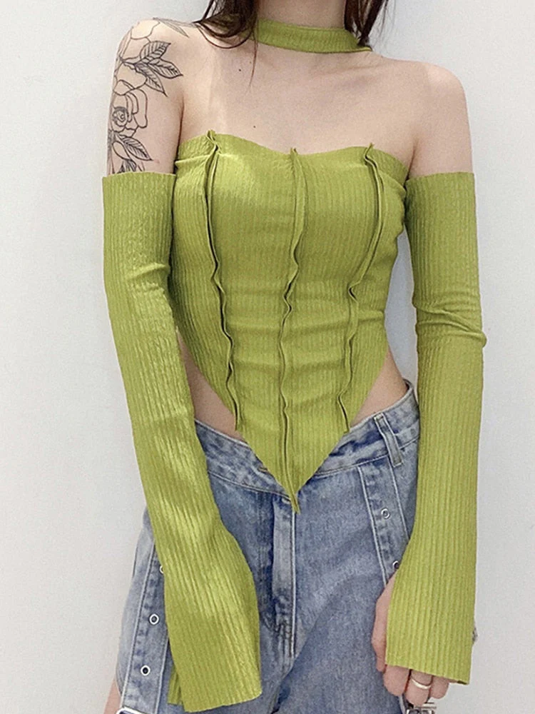 Wenkouban Graduation Gifts Y2K Top Women Long Sleeve T-Shirts 2 Piece Tops Halter Tanks Backless Crop Top Off Shoulder Tees Sexy Christmas Clothes - Deanwangkt