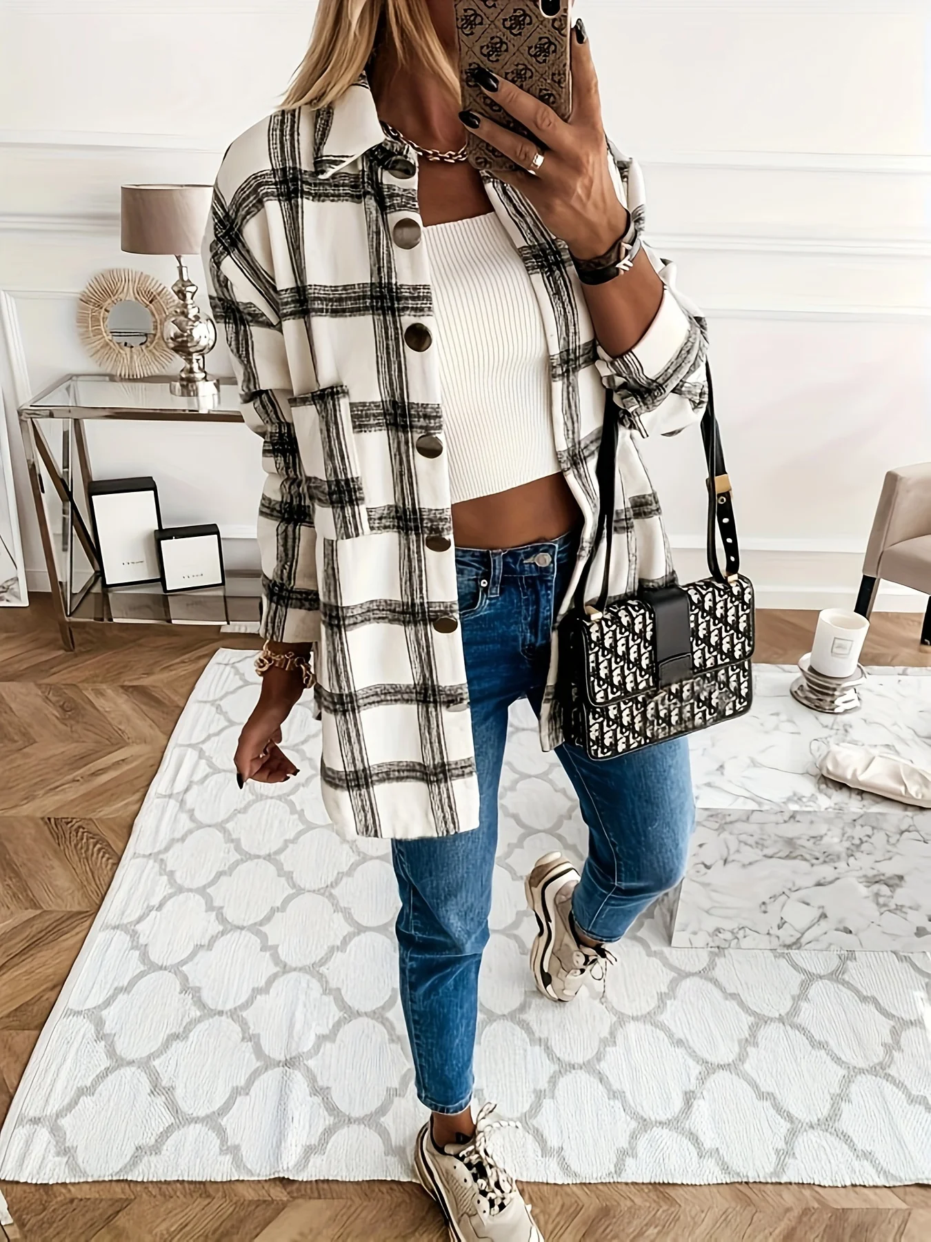 Plaid Print Shacket Jacket, Casual Button Front Long Sleeve Outerwear With Pockets, Women's Clothing - Deanwangkt