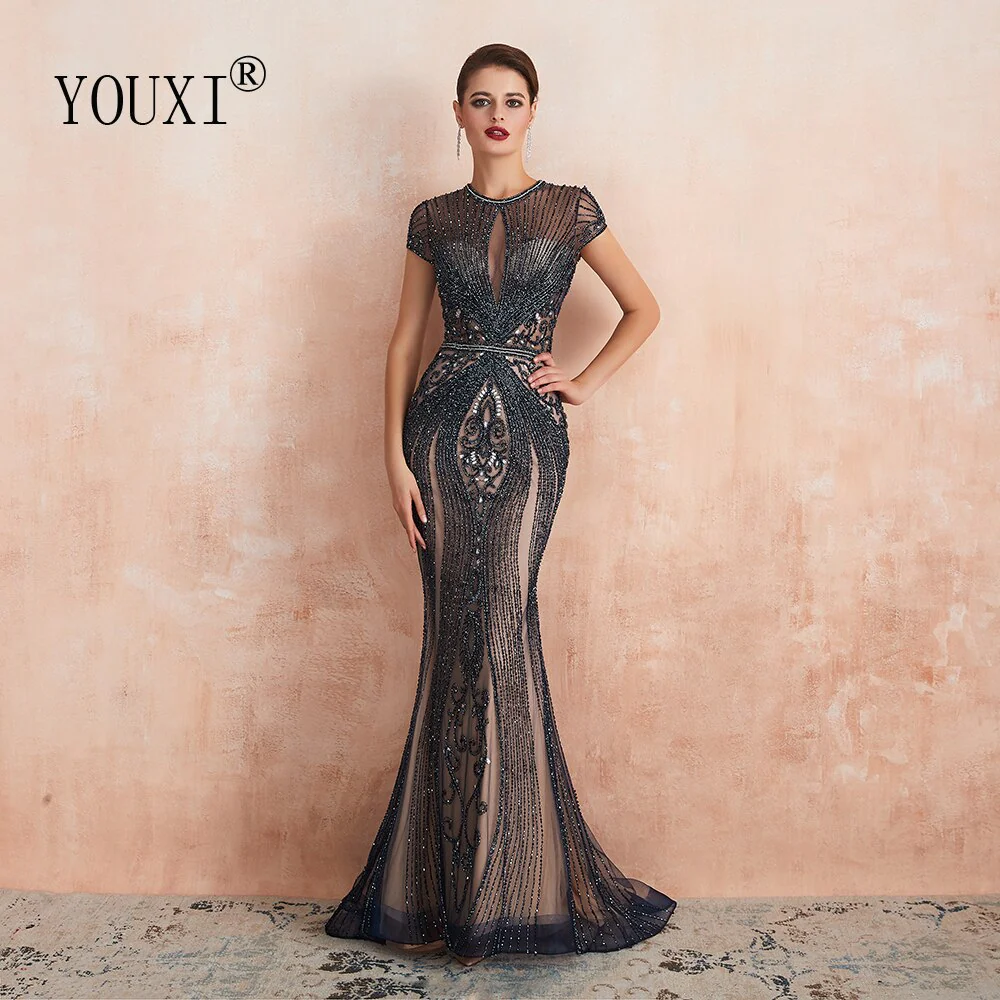 Evening Dresses  Rhinestones Nude Mermaid Elegant Long Pageant Dress Formal Women Gown robe de soiree - Deanwangkt