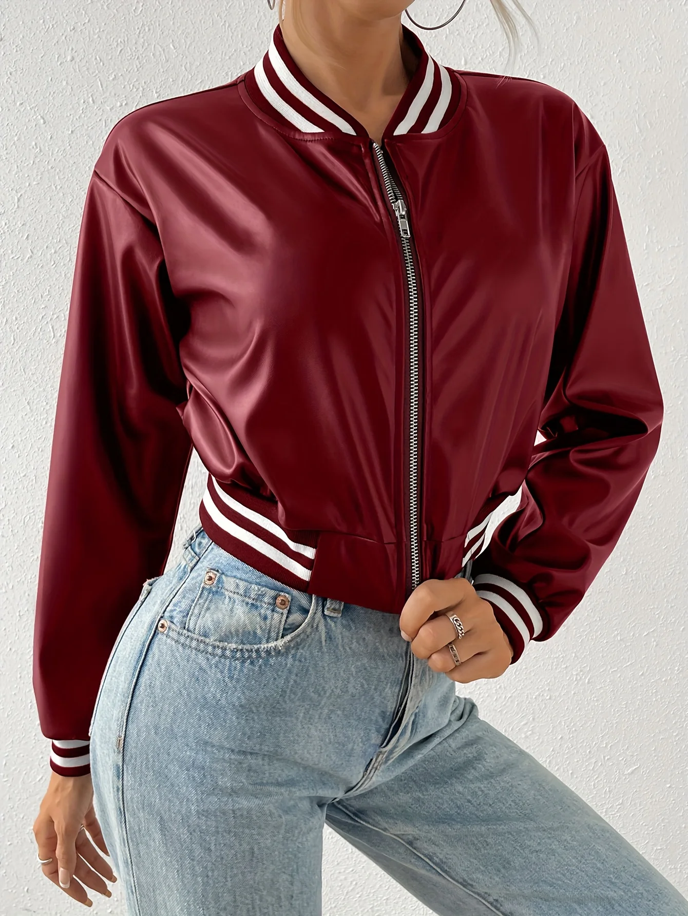 Faux Leather Crop Jacket, Y2K Zip Front Long Sleeve Jacket For Fall & Winter, Women's Clothing - Deanwangkt