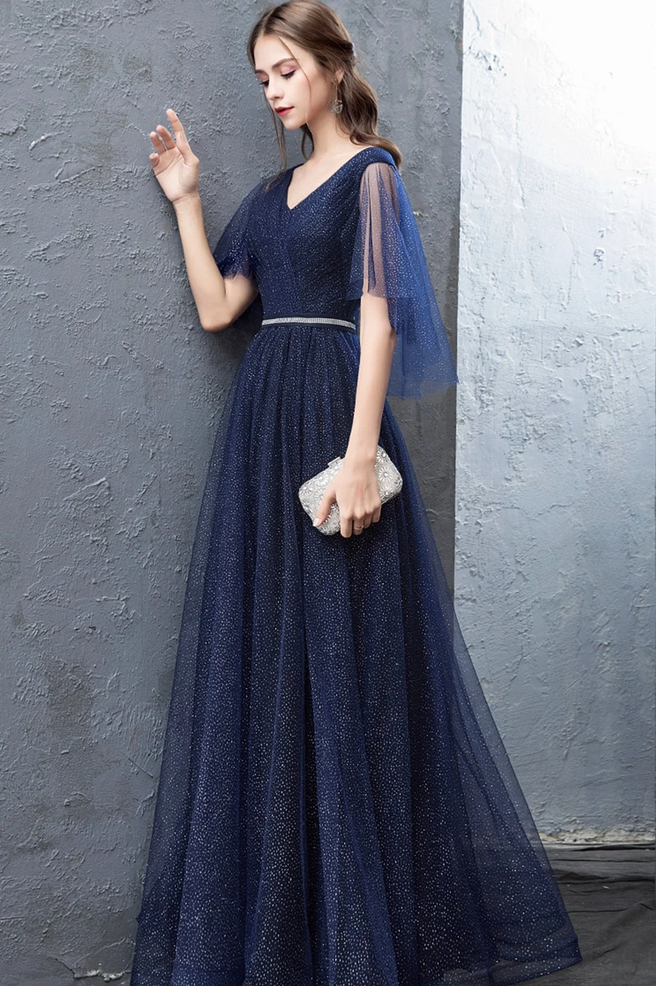 solvbao Blue V-Neck Tulle Long Prom Dresses, A-Line Evening Dresses - Deanwangkt