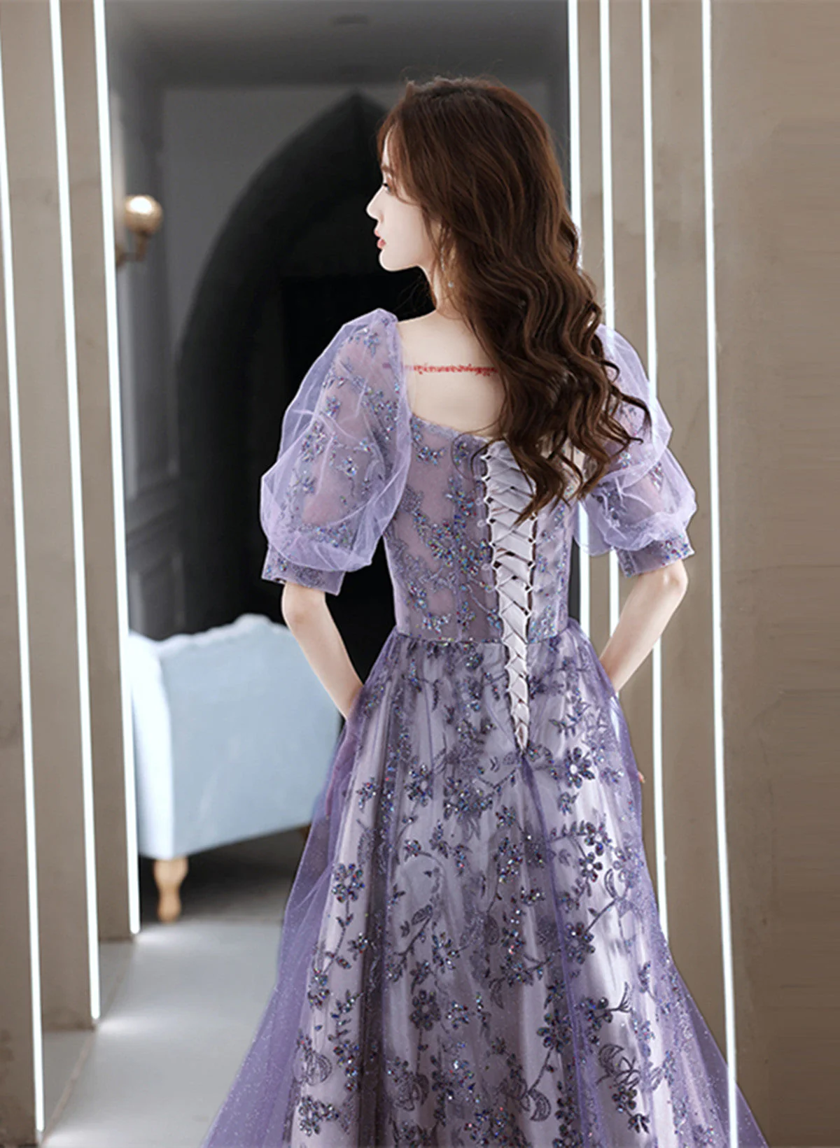 Solvbao Purple A-line Tulle Long Party Dress, Purple Lace Short Sleeves Formal Dress - Deanwangkt