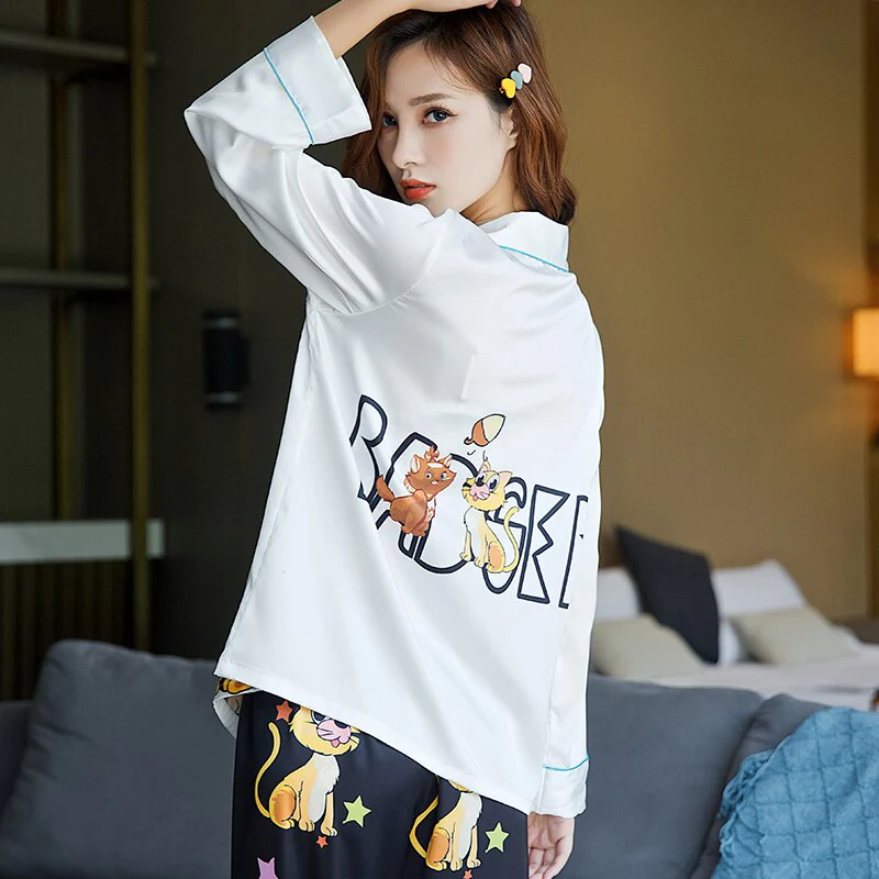 Women's Pajamas Set Luxury Style Cute Animal Print Sleepwear Silk Like Nightie Home Clothes Nightwear Pyjamas Femme - Deanwangkt