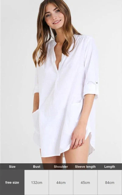 Sexy New Shirt Beach Up White Beach Dress Loose Blouse Tunic Pocket Long Sleeve Swimsuit Cover Up Casual Beachwear - Deanwangkt