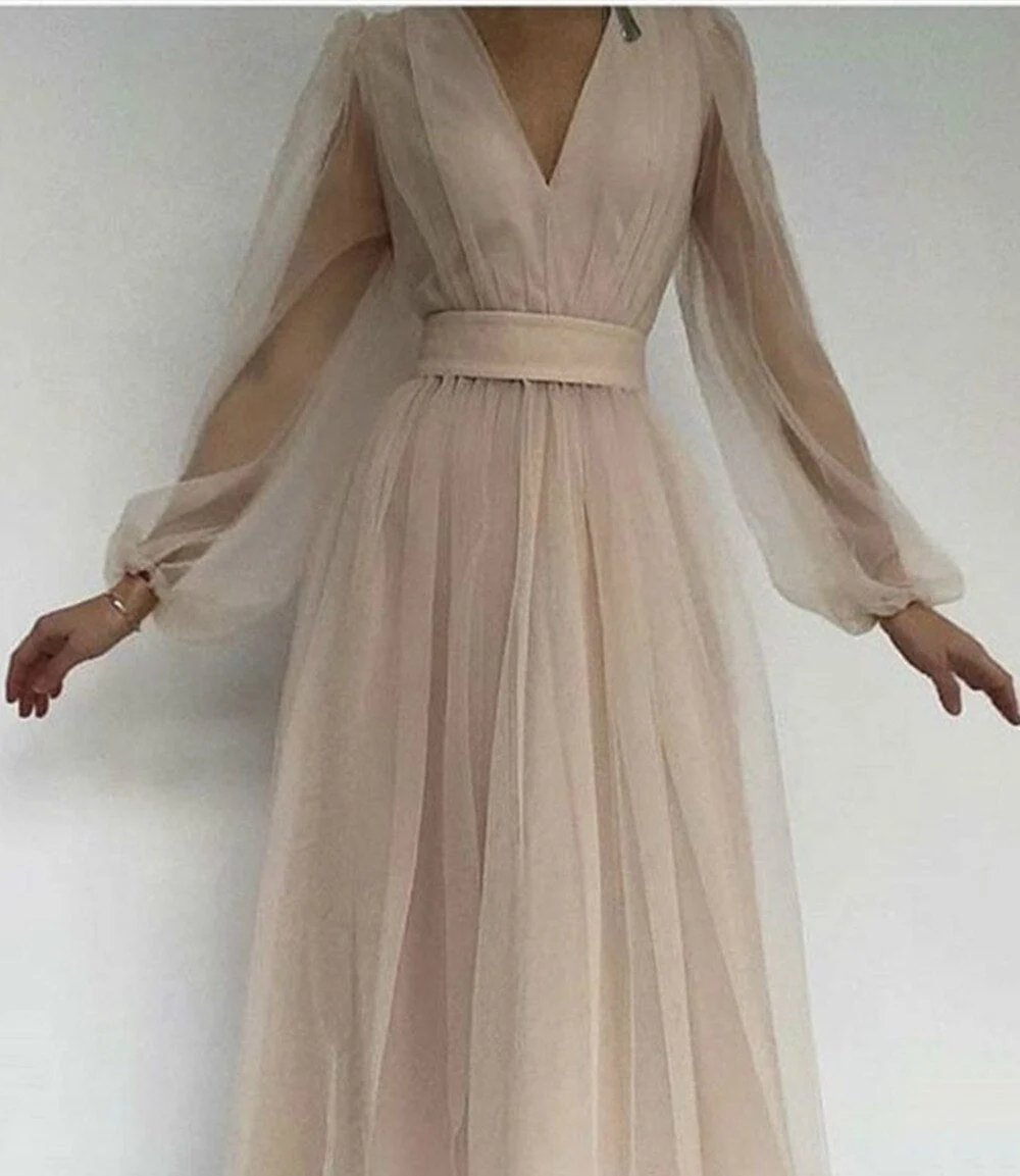 Graduation dress Short A Line Prom Dresses V Neck Long Puff Sleeve Tulle Formal Wedding Evening Party Dresses For Graduation Vestidos De Fiesta - Deanwangkt