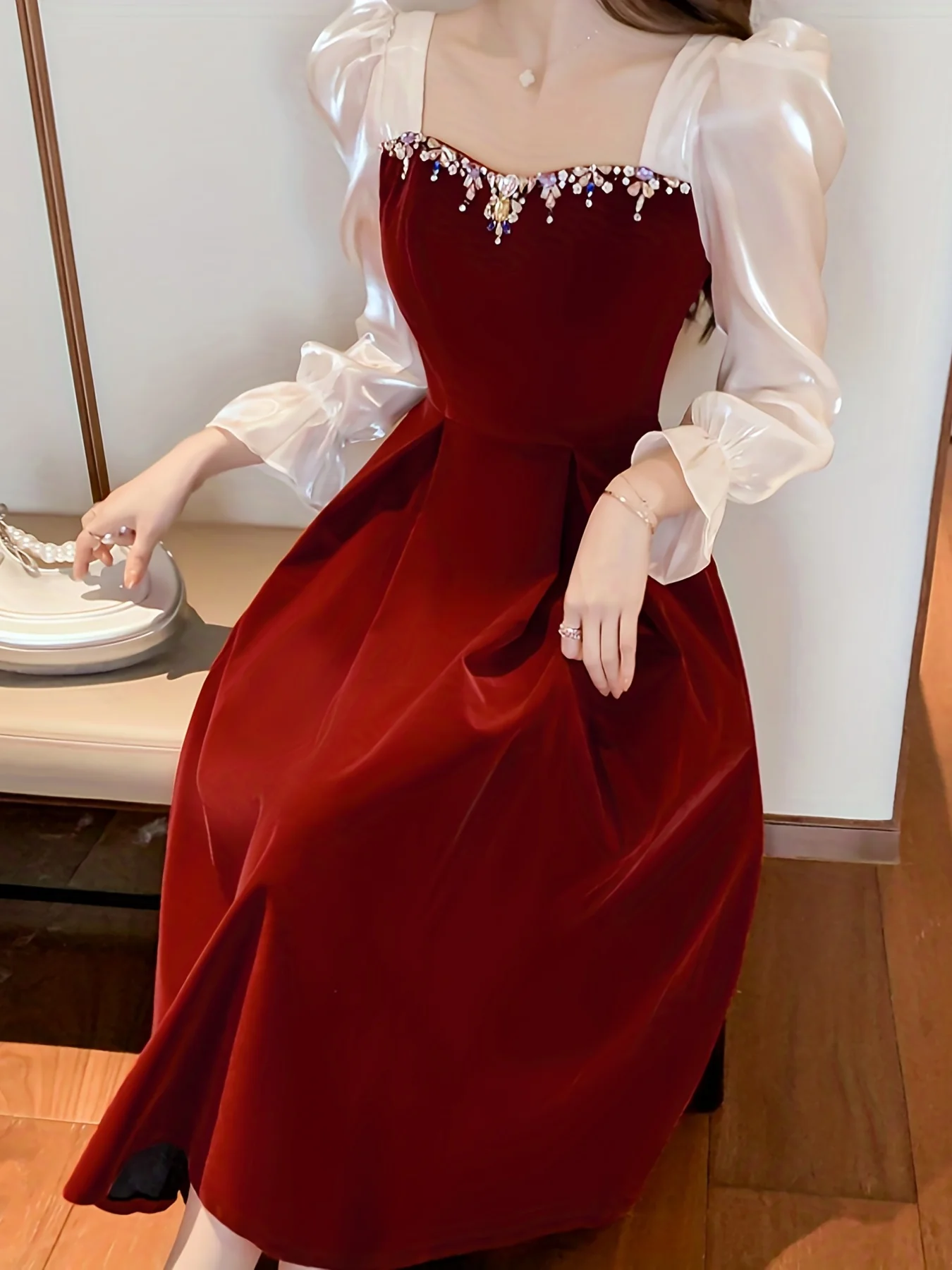 Color Block Ruffle Trim Dress, Elegant Sweetheart Neck Evening Party Dress, Women's Clothing - Deanwangkt