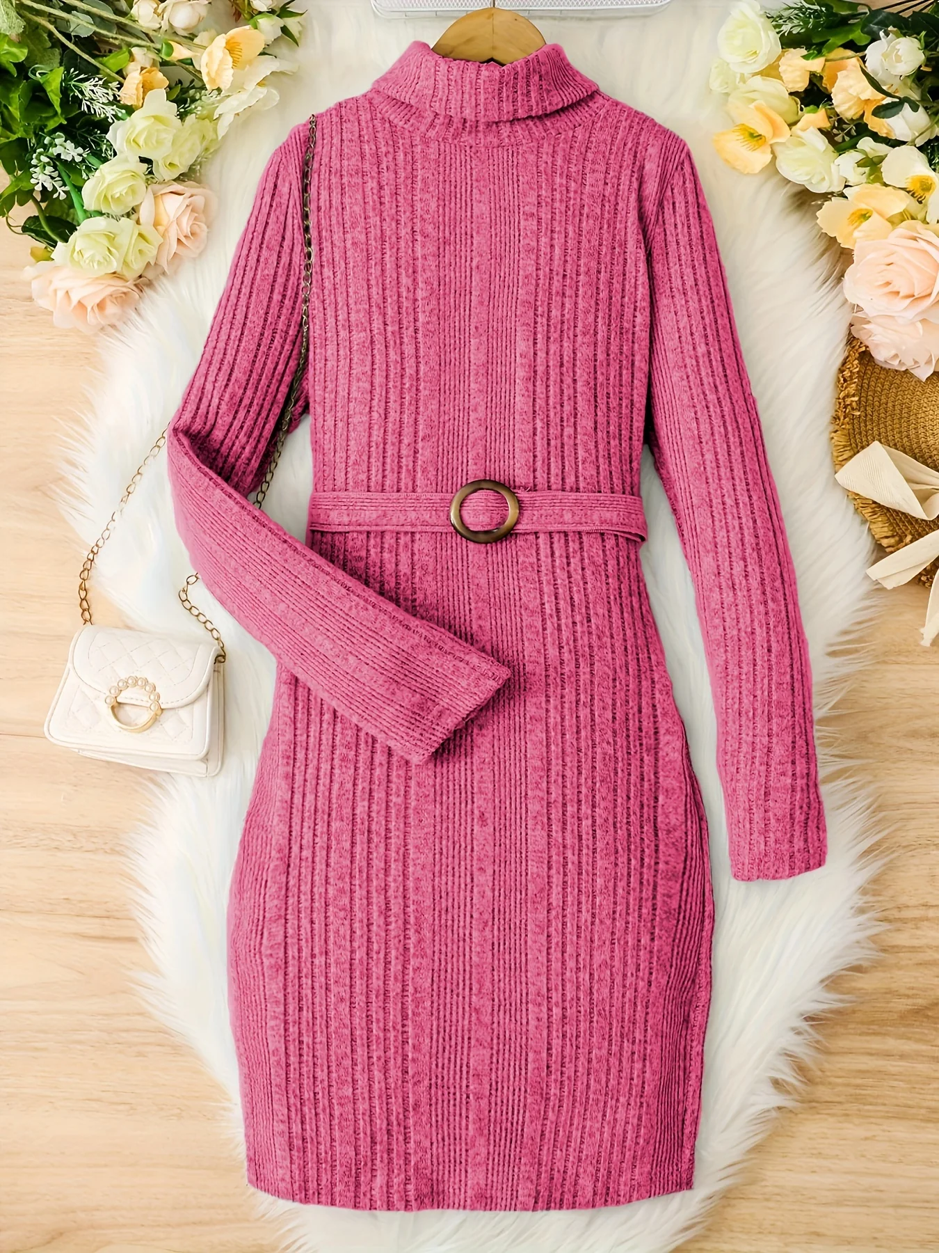 Teen Girls Rib Knitted Warm Bodycon Sweater Dress With Belt - Deanwangkt