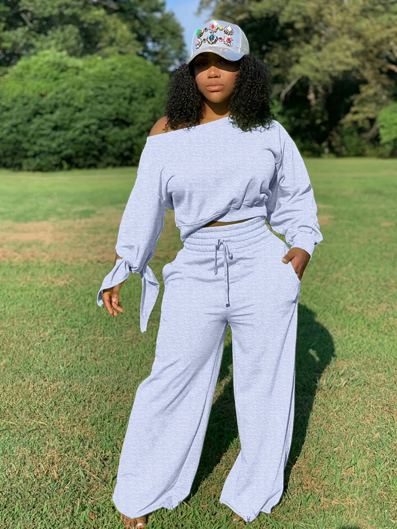 deanwangkt-1  Solid Casual Two-piece Set, Slanted Shoulder Long Sleeve Tops & Drawstring Pants Outfits, Women's Clothing - Deanwangkt