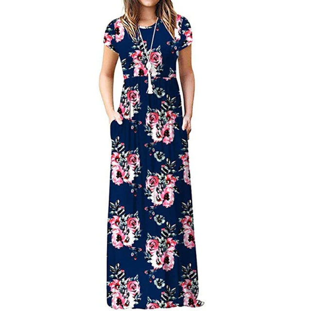 Summer Maxi Floral Dress Women Long Party Dress Ladies Loose Pocket Short Sleeve Casual Dress Robe Femme Sundress - Deanwangkt