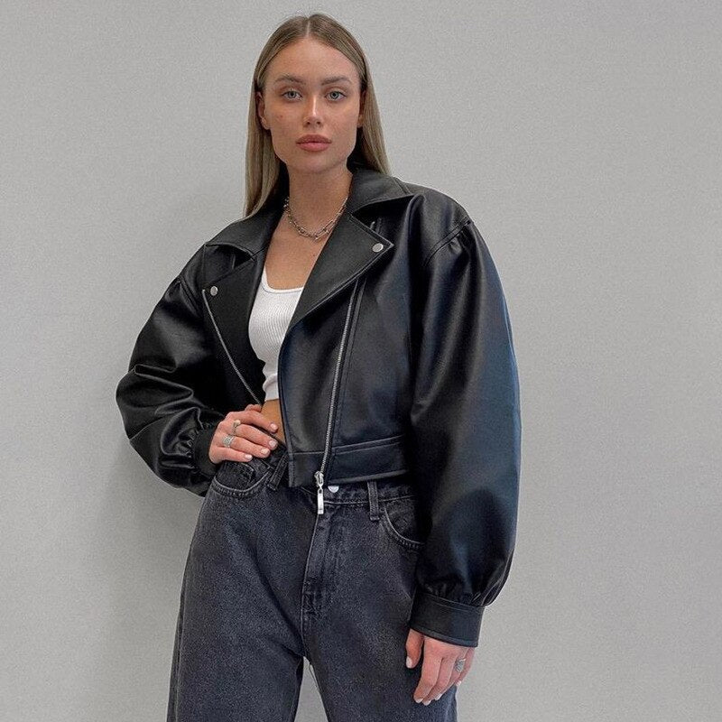 deanwangkt Y2K  Fashion PU Leather Black Jackets for Women Fall Winter Zip Up Cardigan Cropped Jackets and Coats Loose Clothes - Deanwangkt