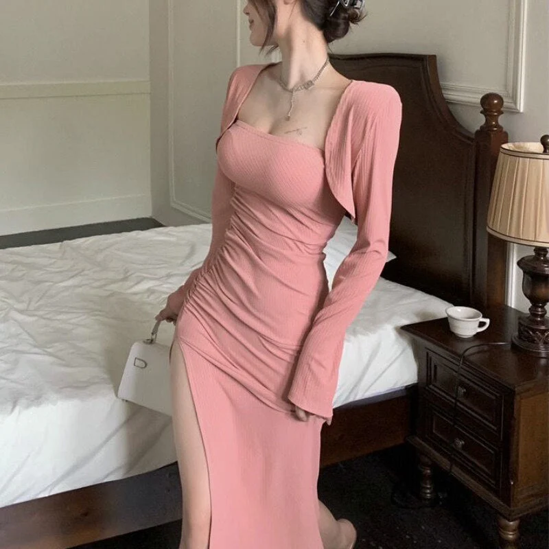 Joskka Korean Fashion Split Dress Autumn Bodycon Elegant Evening Party Midi Dresses France Black Casual Clothing Winter Fall Outfits - Deanwangkt