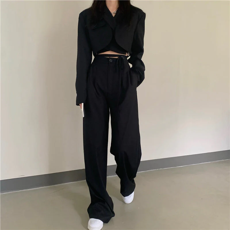 Korean summer Two Piece Set Women Crop Top Sexy Lace-up Blazer Coat + High Waist Pants Suit Sets Streetwear 2 Piece Sets Women - Deanwangkt