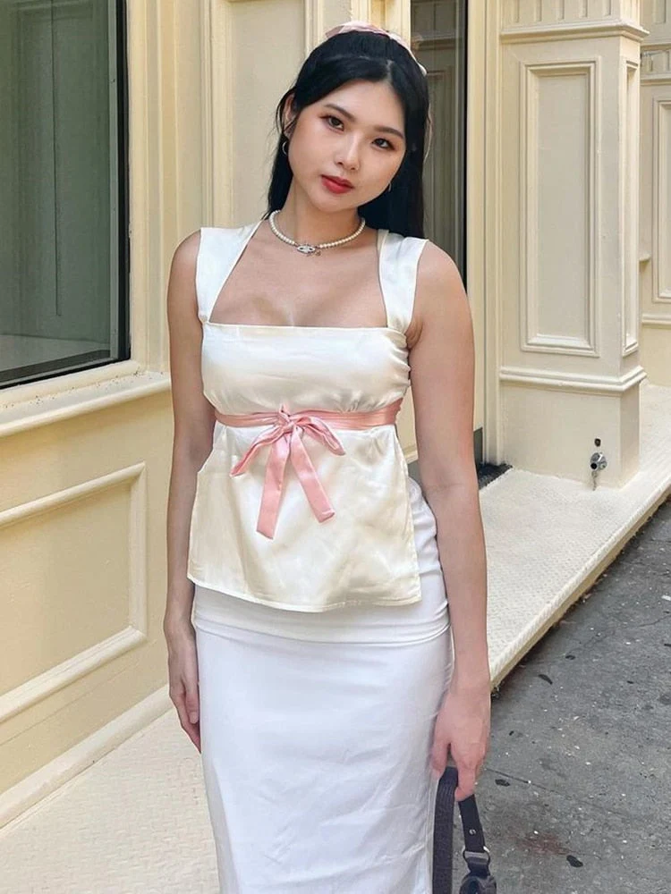 deanwangkt Sexy Hollow Out Satin Tank Tops Women Backless Bandage Summer Cropped Top Pink O-Neck Casual Streetwear Vest Tee - Deanwangkt